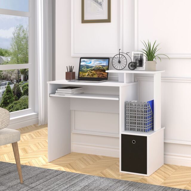 HOMCOM Computer Desk with Sliding Keyboard Tray Storage Drawer Shelf in White - image 1