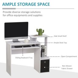 HOMCOM Computer Desk with Sliding Keyboard Tray Storage Drawer Shelf in White - thumbnail 4