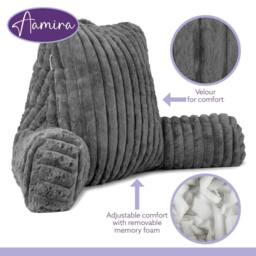 Aamira Reading Pillow Grey Faux Fur Ribbed Memory Foam Support Cushion - thumbnail 8