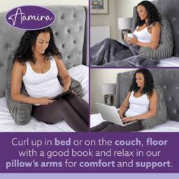 Aamira Reading Pillow Grey Faux Fur Ribbed Memory Foam Support Cushion - thumbnail 3