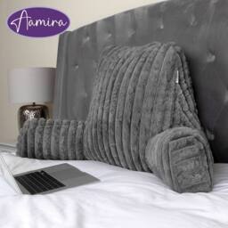 Aamira Reading Pillow Grey Faux Fur Ribbed Memory Foam Support Cushion - thumbnail 9