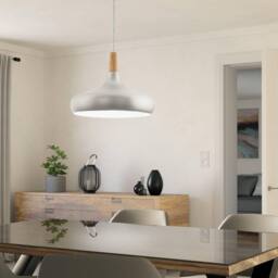 Eglo Sabinar Steel & Wood Pendant Light, (D) 40cm in Silver - thumbnail 1