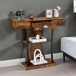 Rafaelo Mobilia Industrial T Shaped Narrow Console Table With Drawer in Dark Brown - thumbnail 1