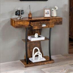 Rafaelo Mobilia Industrial T Shaped Narrow Console Table With Drawer in Dark Brown - thumbnail 2