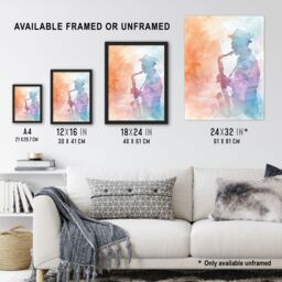 "Artery8 Jazz Saxophonist Rainbow Smoke Light Watercolour Framed Art Print - Size: W12"" x H16""" - thumbnail 3