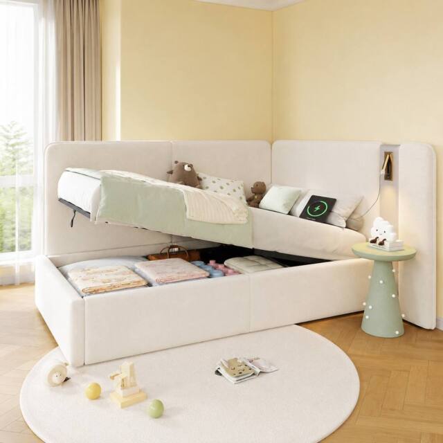 Merax 3ft Single L-shaped Velvet Upholstered Daybed with Storage & USB Light in Beige - image 1