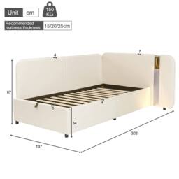 Merax 3ft Single L-shaped Velvet Upholstered Daybed with Storage & USB Light in Beige - thumbnail 8