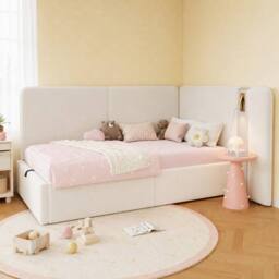 Merax 3ft Single L-shaped Velvet Upholstered Daybed with Storage & USB Light in Beige - thumbnail 2