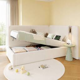 Merax 3ft Single L-shaped Velvet Upholstered Daybed with Storage & USB Light in Beige - thumbnail 1