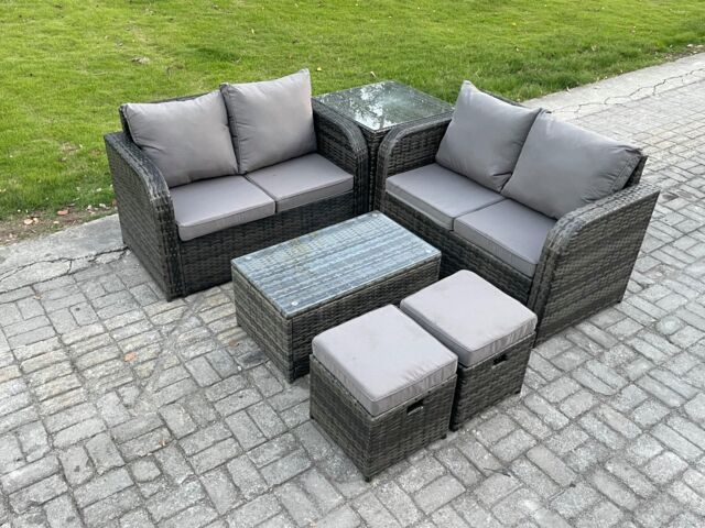 Fimous Outdoor Lounge Sofa Set Rattan Garden Furniture Set with Rectangular Coffee Table 2 Small Footstools Side Table Dark Grey Mixed - image 1