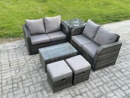 Fimous Outdoor Lounge Sofa Set Rattan Garden Furniture Set with Rectangular Coffee Table 2 Small Footstools Side Table Dark Grey Mixed - thumbnail 2