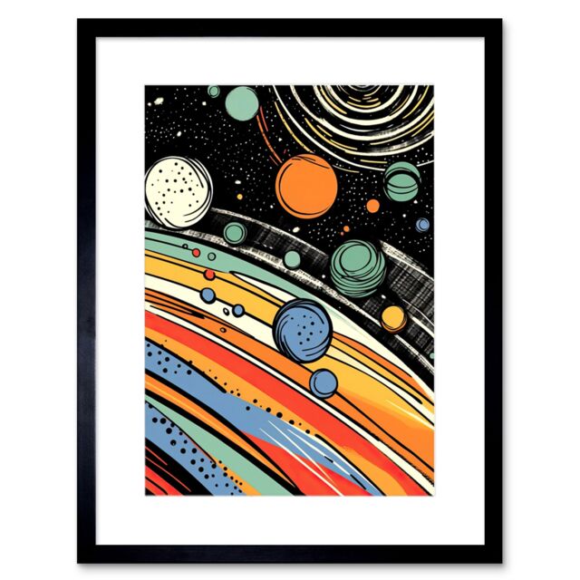 Artery8 Wall Art Print Outer Space Comic Book Style Pastel Colour Milky Way Planets Rings Moons Sun Boys Room Artwork Framed 9X7 Inch - image 1