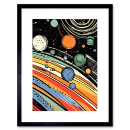 Artery8 Wall Art Print Outer Space Comic Book Style Pastel Colour Milky Way Planets Rings Moons Sun Boys Room Artwork Framed 9X7 Inch - thumbnail 1