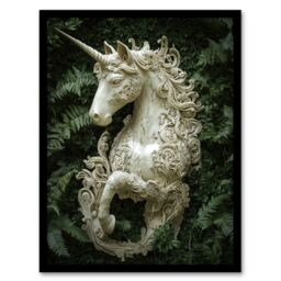"Artery8 Filigree Marble Unicorn Statue Fern Frond Leaves Framed Art Print in Green - Size: W12"" x H16""" - thumbnail 1