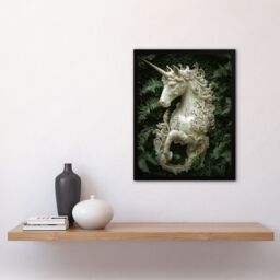 "Artery8 Filigree Marble Unicorn Statue Fern Frond Leaves Framed Art Print in Green - Size: W12"" x H16""" - thumbnail 4