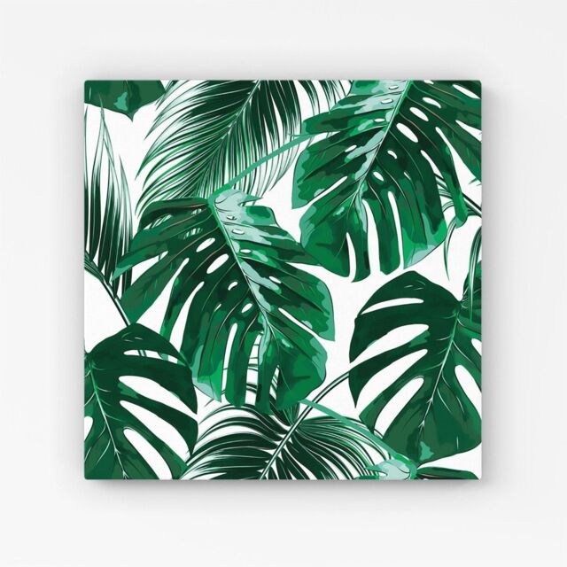 "Warren Reed - Designer Tropical Jungle Leaf Pattern Canvas in Green - Size: W16"" x H16""" - image 1