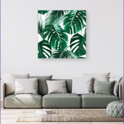 "Warren Reed - Designer Tropical Jungle Leaf Pattern Canvas in Green - Size: W16"" x H16""" - thumbnail 4