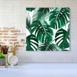 "Warren Reed - Designer Tropical Jungle Leaf Pattern Canvas in Green - Size: W16"" x H16""" - thumbnail 2