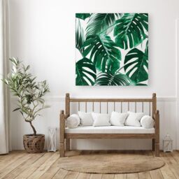 "Warren Reed - Designer Tropical Jungle Leaf Pattern Canvas in Green - Size: W16"" x H16""" - thumbnail 3