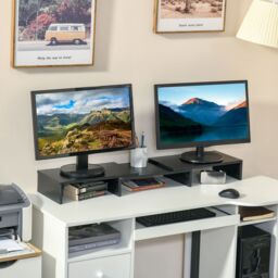 VINSETTO Dual Monitor Stand Riser with 3 Shelves Adjustable Length & Angle in Black - thumbnail 1