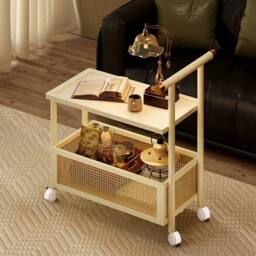 FORGEVIO 2 Tier Rolling Storage Trolley Sofa Side End Table With Wheels in Light Khaki - thumbnail 5