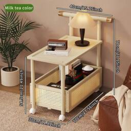 FORGEVIO 2 Tier Rolling Storage Trolley Sofa Side End Table With Wheels in Light Khaki - thumbnail 2