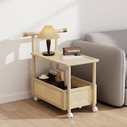 FORGEVIO 2 Tier Rolling Storage Trolley Sofa Side End Table With Wheels in Light Khaki