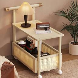 FORGEVIO 2 Tier Rolling Storage Trolley Sofa Side End Table With Wheels in Light Khaki - thumbnail 3