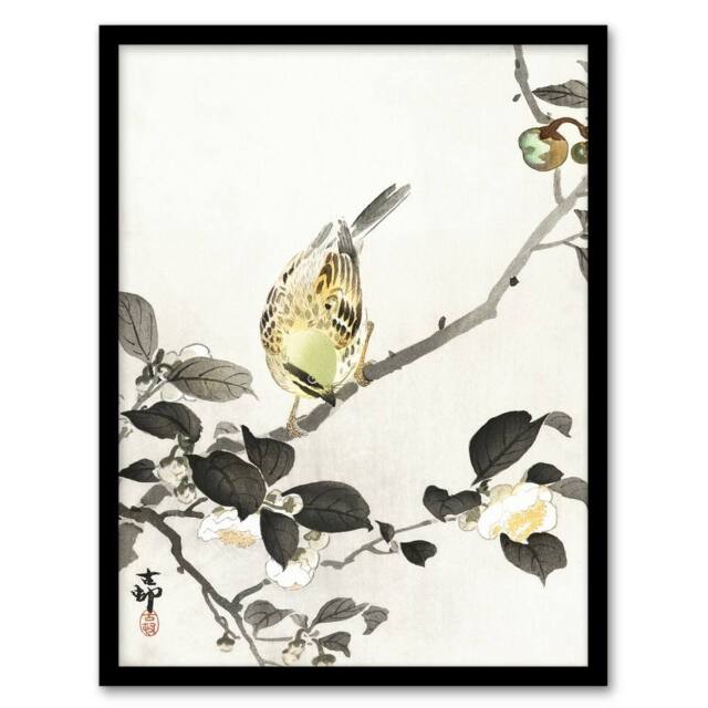 Artery8 Bunting On Blossom Branch Vintage Japan Framed Wall Art Print Koson in Grey - Size: A4 - image 1
