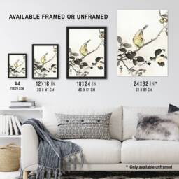 Artery8 Bunting On Blossom Branch Vintage Japan Framed Wall Art Print Koson in Grey - Size: A4 - thumbnail 3