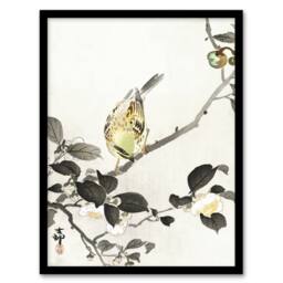 Artery8 Bunting On Blossom Branch Vintage Japan Framed Wall Art Print Koson in Grey - Size: A4 - thumbnail 1