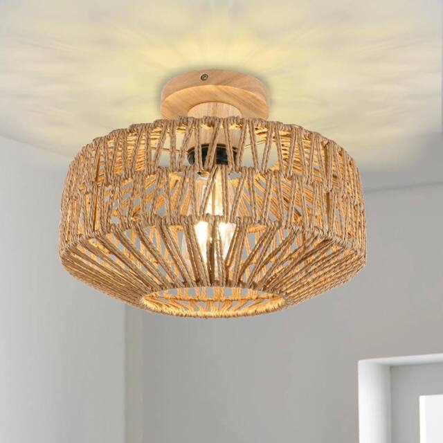 Pheashine Woven Rattan Ceiling Light, 30cm Drum, Wooden Base, E27, Bulb included in Brown - image 1