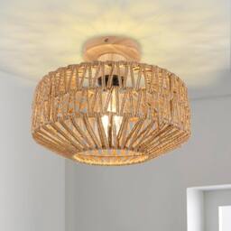 Pheashine Woven Rattan Ceiling Light, 30cm Drum, Wooden Base, E27, Bulb included in Brown