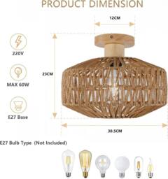 Pheashine Woven Rattan Ceiling Light, 30cm Drum, Wooden Base, E27, Bulb included in Brown - thumbnail 4