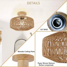 Pheashine Woven Rattan Ceiling Light, 30cm Drum, Wooden Base, E27, Bulb included in Brown - thumbnail 3