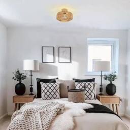 Pheashine Woven Rattan Ceiling Light, 30cm Drum, Wooden Base, E27, Bulb included in Brown - thumbnail 6