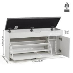 KORVIXA White Shoe Bench with Seat Cushion Storage - Size: 100 cm x 100 cm - thumbnail 2