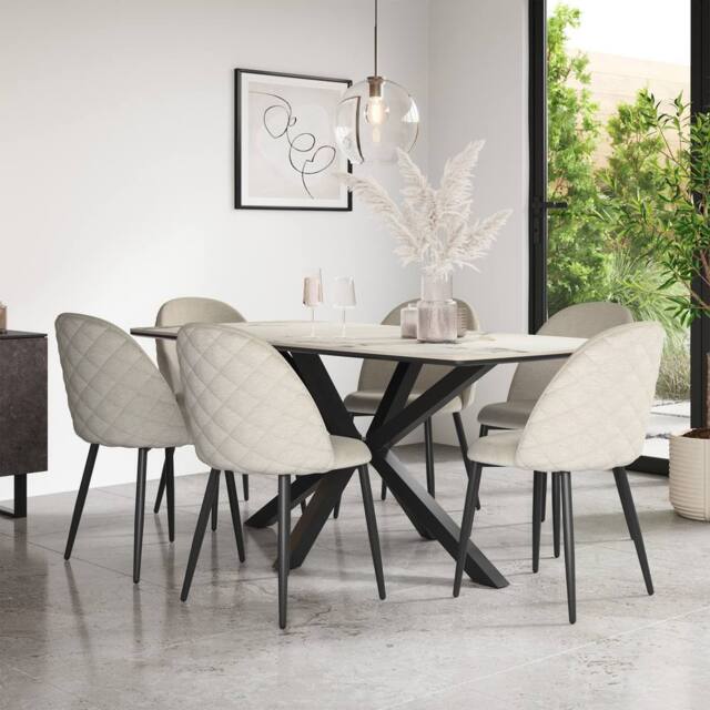 More4Homes Juno Calcutta Gold Ceramic Dining Table & 6 Raye Velvet Chairs in Beige - image 1