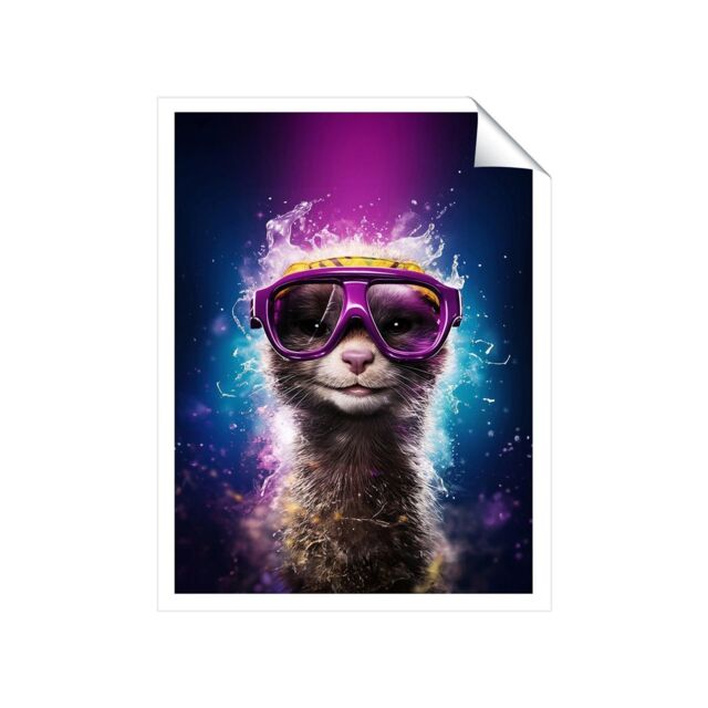"Warren Reed - Designer Splashart Ferret With Glasses Purple Unframed Art Print - Size: W24"" x H36""" - image 1