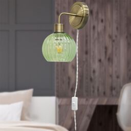 First Choice Lighting Toby - Antique Brass Plug in Wall Light with Betchley Green Shade in Gold - thumbnail 3