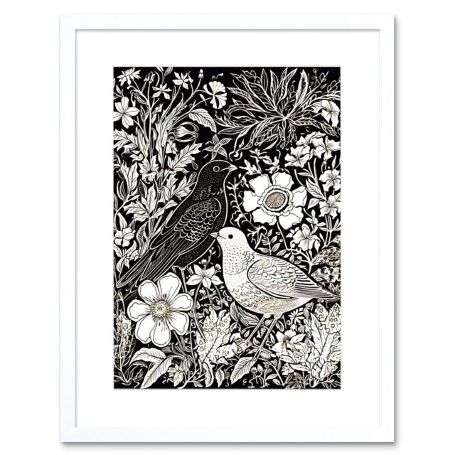 "Artery8 Wall Art Print Birds on Flower Bed Garden Black & White Linocut Artwork Framed 9X7 Inch - Size: W7"" x H9""" - image 1
