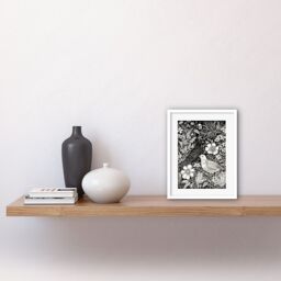 "Artery8 Wall Art Print Birds on Flower Bed Garden Black & White Linocut Artwork Framed 9X7 Inch - Size: W7"" x H9""" - thumbnail 2