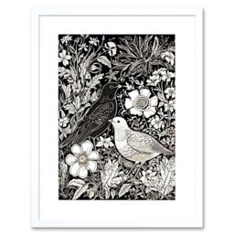 "Artery8 Wall Art Print Birds on Flower Bed Garden Black & White Linocut Artwork Framed 9X7 Inch - Size: W7"" x H9""" - thumbnail 1