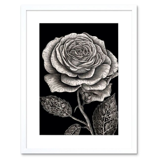 "Artery8 Wall Art Print Black & White Rose Bloom with Patterned Leaves Artwork Framed 9X7 Inch - Size: W7"" x H9""" - image 1