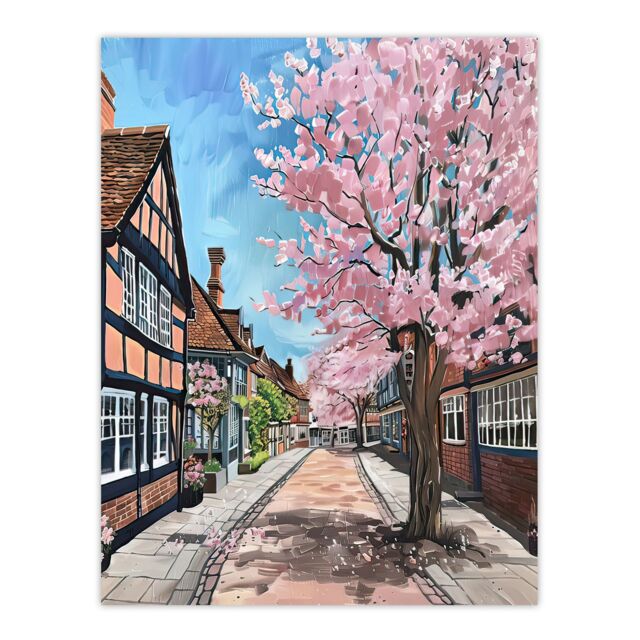 "Artery8 Cherry Blossom Lymm Village Cheshire Painting Wall Art Print - Size: W12"" x H16""" - image 1