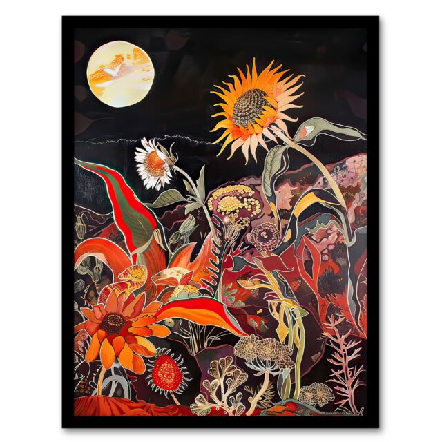 "Artery8 Trippy Sunflowers at Sunset Design Psychedelic Framed Art Print in Orange - Size: W12"" x H16""" - image 1