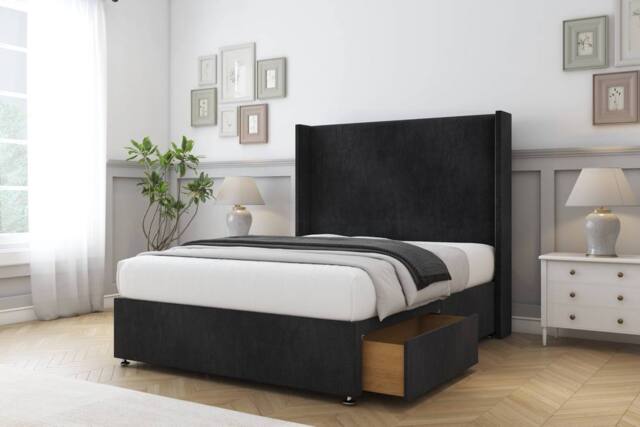 "Sloomy Devonshire Naples Divan Set 2 Drawers-54"" Wingback in Black - Size: Super King" - image 1
