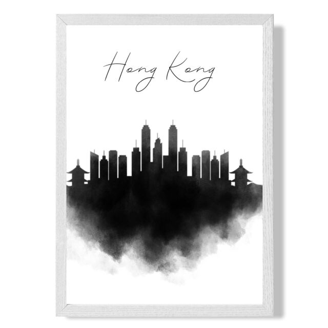 ARTZE Hong Kong Watercolour Skyline City Framed Print SIZE: A3 with White Frame in Black - Size: A4 - image 1