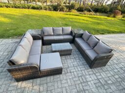 Fimous Rattan Lounge Sofa Set 10 Seater Outdoor Garden Furniture Set with Rectangular Coffee Table 3 Seater Sofa 2 Side Tables Big Footstool - thumbnail 2