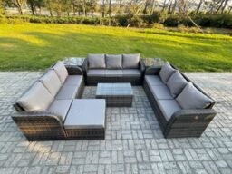 Fimous Rattan Lounge Sofa Set 10 Seater Outdoor Garden Furniture Set with Rectangular Coffee Table 3 Seater Sofa 2 Side Tables Big Footstool - thumbnail 1